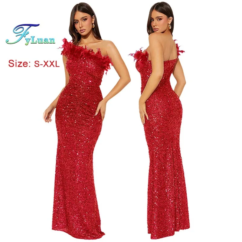 جديد أزياء المرأة فستان طويل بلون الترتر ريشة الربط Bodycon اللباس مثير مساء حفلة موسيقية الملابس يميل فستان بكتف