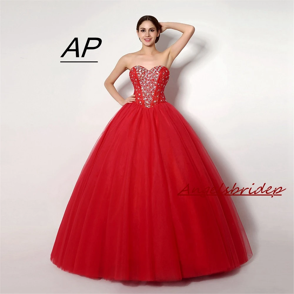 Angelsbrief vermelho querida quinceanera vestido de cristal luxo miçangas tule plus size aniversário 15th ano vestido princesa espartilho