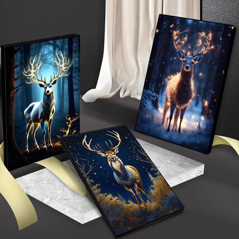 The Divine Deer in the Forest Fantasy Wall Decor Art Canvas Painting Christmas Reindeer Poster Prints For Living Room Bedroom