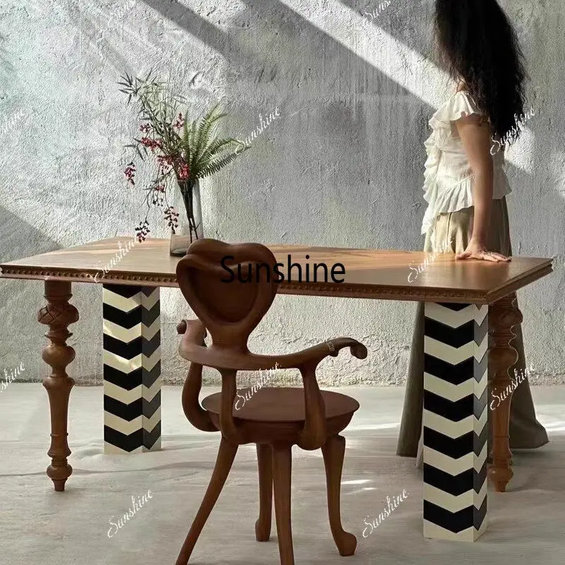 Medieval simple zebra striped solid wood dining table retro rectangular eating table