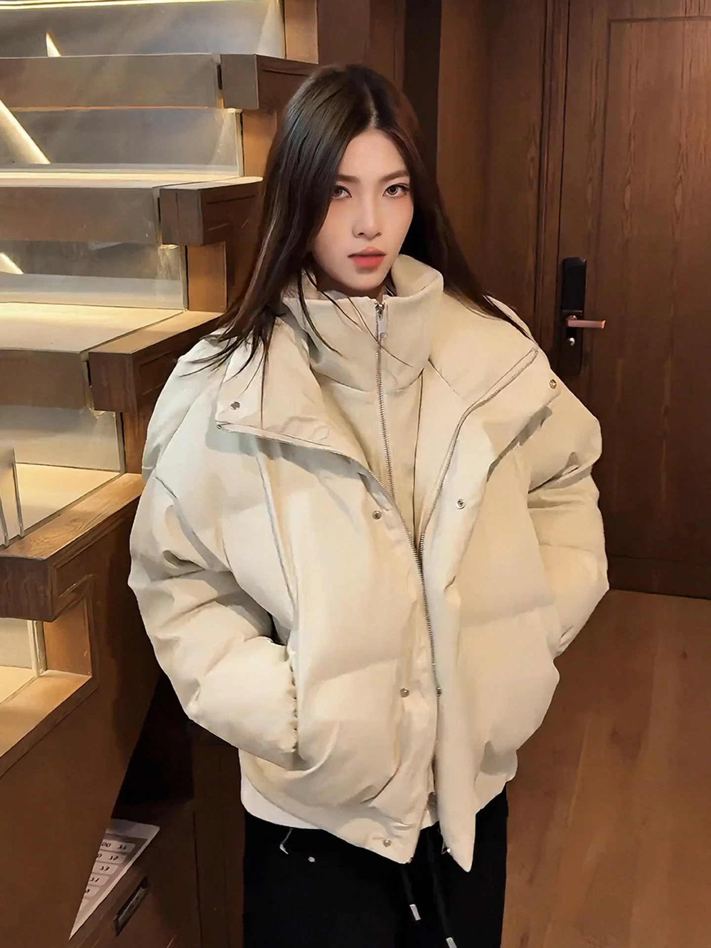 

Retro American Style Thickened PU Leather Jacket Men's Winter down Cotton Puffer Short Bread Style High Street Coat