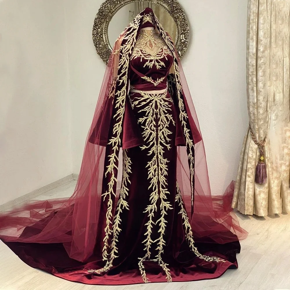 

Burgundy Moroccan Kaftan Caftan Muslim Evening Dresses Mermaid Long Sleeves Appliques Dubai Arabic Abaya Islamic Gown Customized
