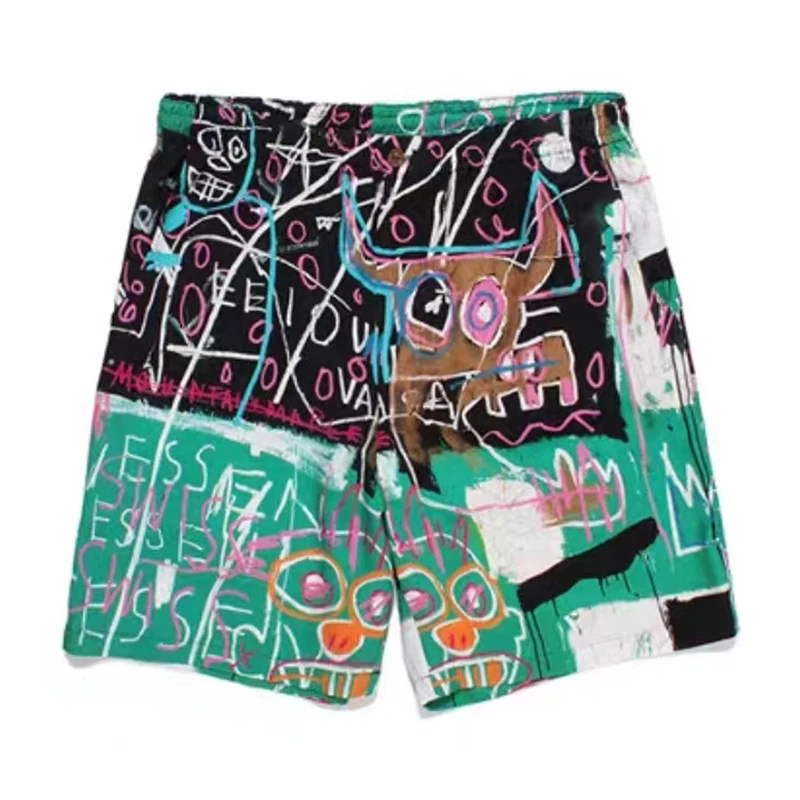 2024 WACKO MARIA Basquiat Black Eye with Tiger Loose Casual Sports Men\'s and Women\'s Style Trend Beach Hawaiian Nickel Shorts