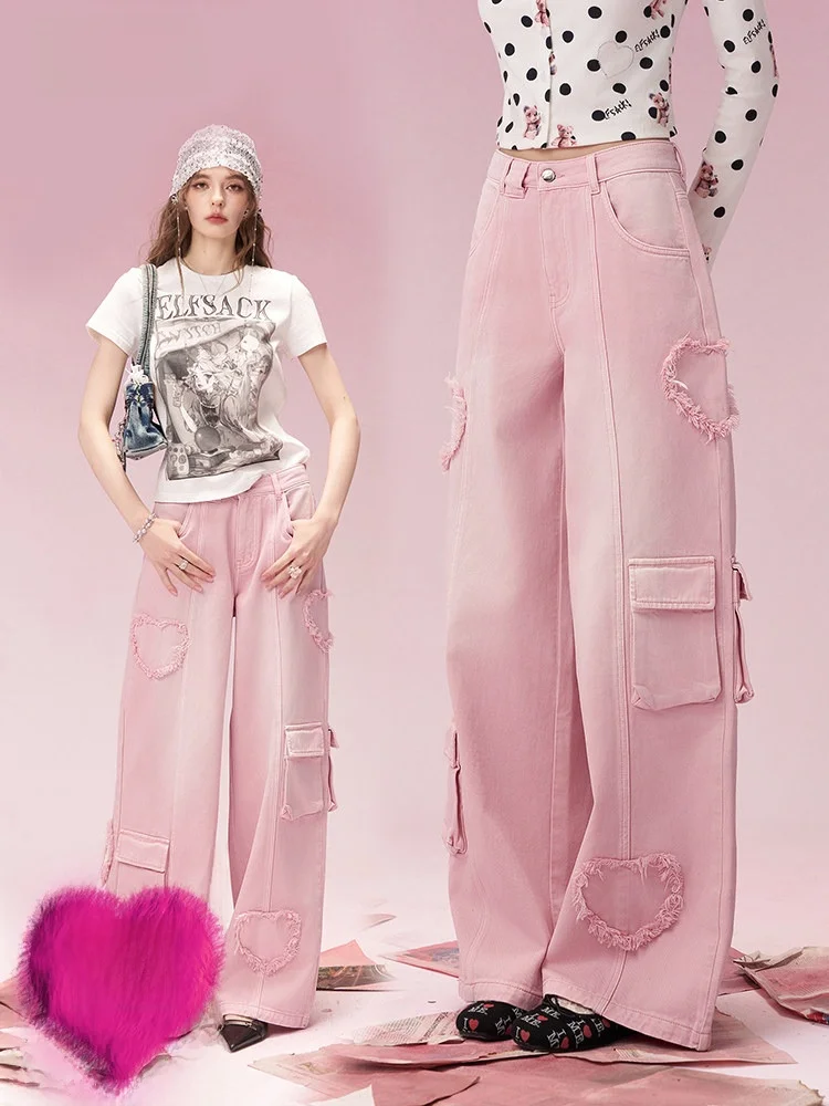 

Loose Women's Pink Denim Jeans Spring Early Wide Leg Pants Casual Style Elf Sack Rose Killer Series Cotton Fabric Natural Waist