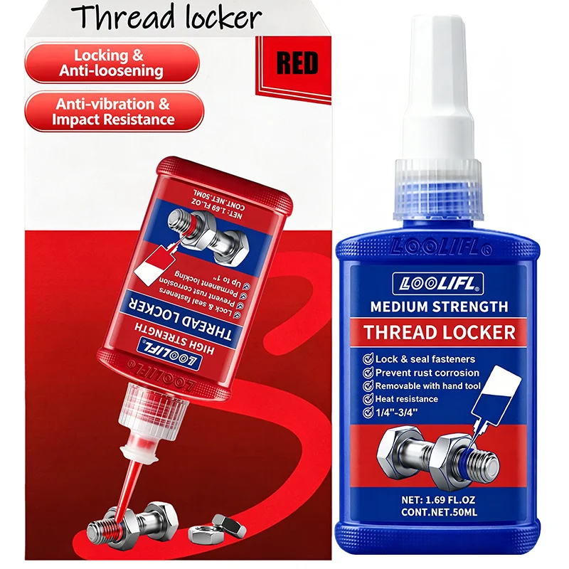 Loolifl Thread Locking Agent, Red High-Strength and Blue Medium-Strength Anaerobic Adhesive, 50ml, Anti-Vibration and Anti-Loosening Screw Thread Sealant, Heat-Resistant and Corrosion-Resistant Locking Sealant, Suitable for Metal Bolts, Nuts, and Fasteners, Blue Version Can Be Removed with Hand Tools, Permanent Locking Seal, Suitable for Machinery, Automotive Equipment Repair, Industrial and Household Thread Locking