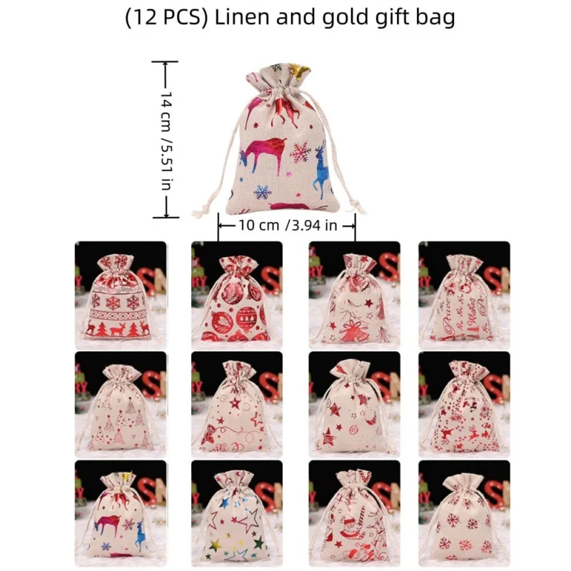 12 قطعة من أكياس هدايا عيد الميلاد من الكتان ذات الحافة الذهبية، تخزين حلوى مجوهرات العطلات، منظم صغير لحفلات الزفاف، لوازم يدوية ذاتية الصنع #2