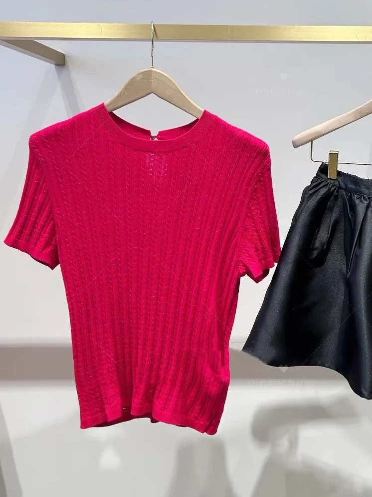 

Элегантный женский трикотажный топ с красным цветочным узором, приталенный, повседневный, с круглым вырезом, коротким рукавом, пуловер на весну-лето