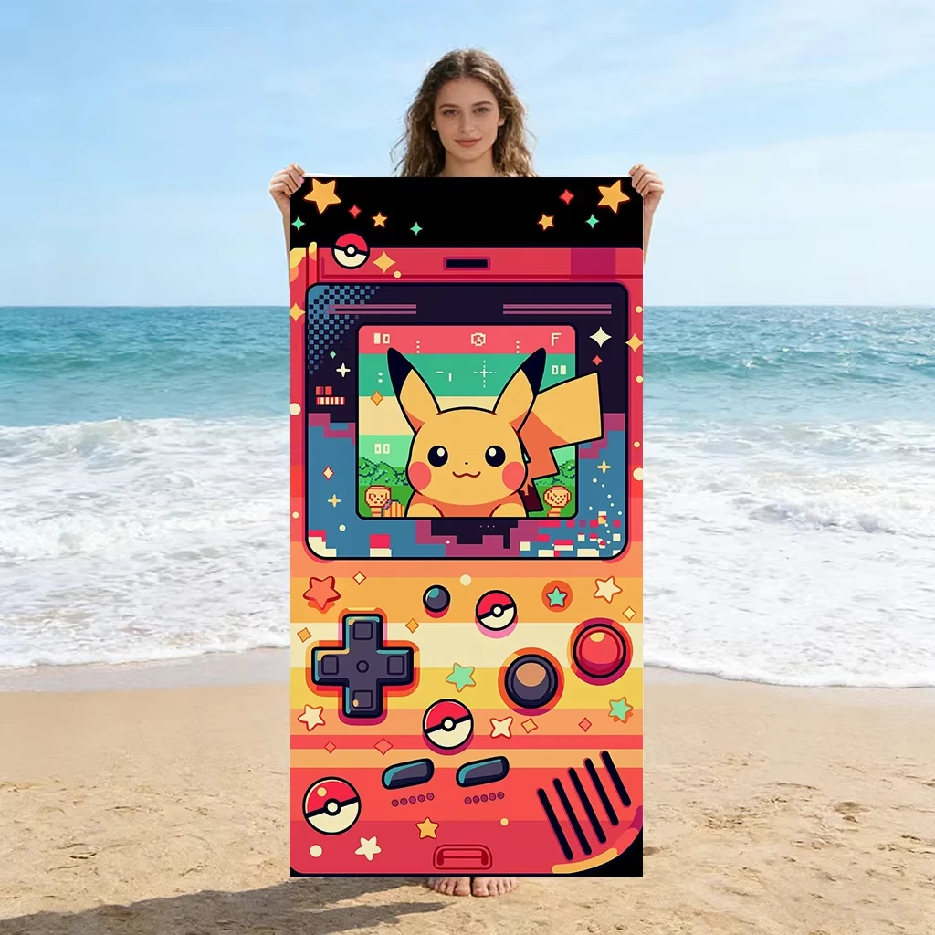 Pokémon Pikachu Retro Handheld Game Console Beach Towel Flat Print Outdoor Pool Party Travel Gift For Gamer Boys Decor