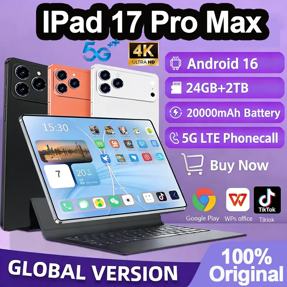 Tablet PC 2026 iPad 17 Pro Max de 11 Pulgadas con Reconocimiento Facial, 24GB, 2TB, Android 16, Snapdragon 8 Gen 3, 5G, Doble SIM, Llamadas, WIFI, Batería de 20000mAh