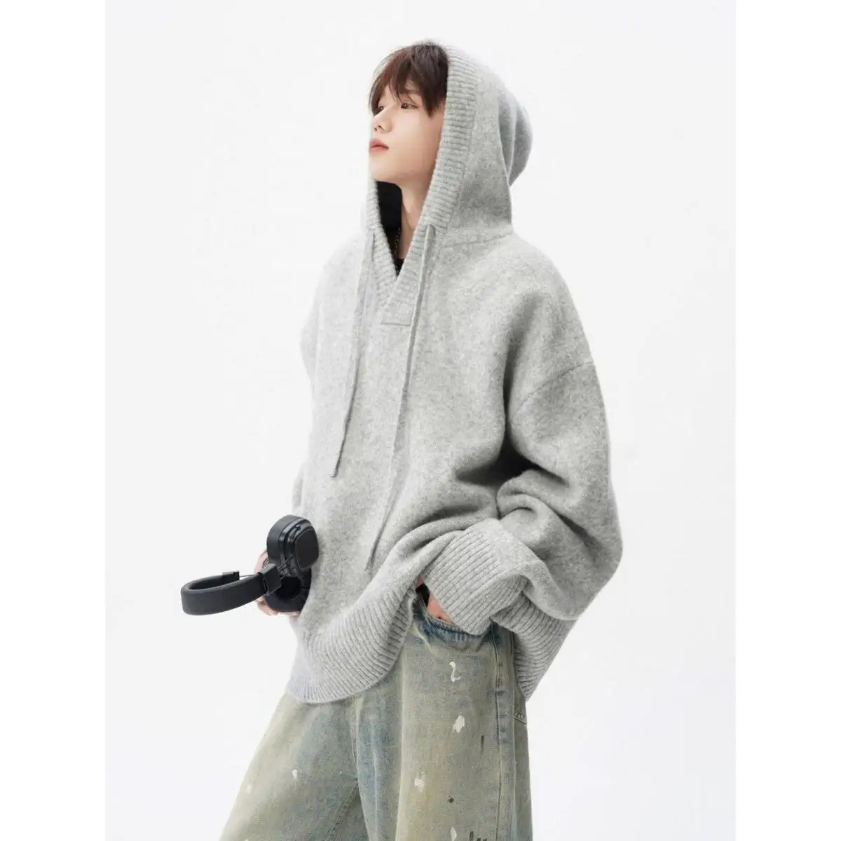 

American Sle Cleanfit Knitted Hoodie Men's Autumn Trendy Lazy Sle Loose Retro Couple Sweater Soft Polyester Long Sve