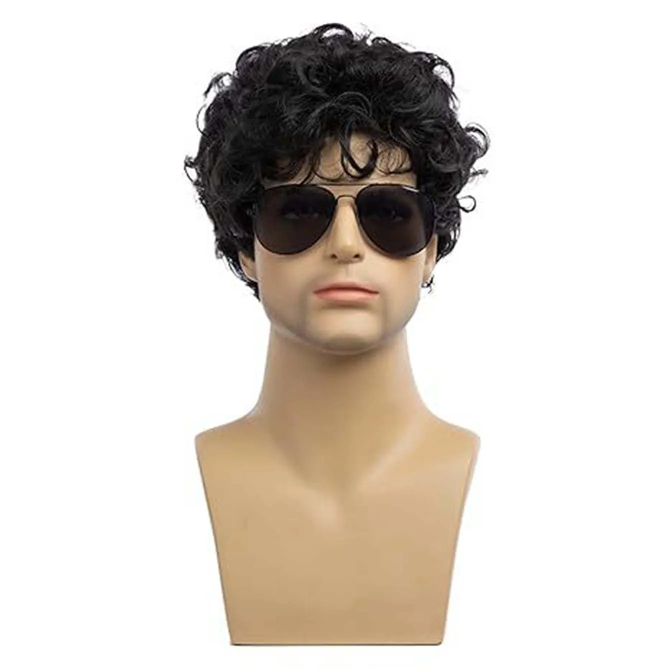 Pelucas negras cortas sintéticas con flequillo para hombres, cabello rizado esponjoso, resistente al calor diario, peluca masculina transpirable