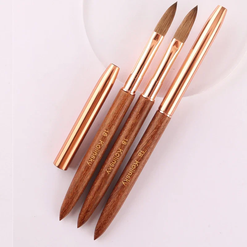 99.99 Kolinsky Acrylic Nail Brush with Rose Gold Sandalwood Crimped Handle for Acrylic Powder 3D Nail Salon Size 2-18