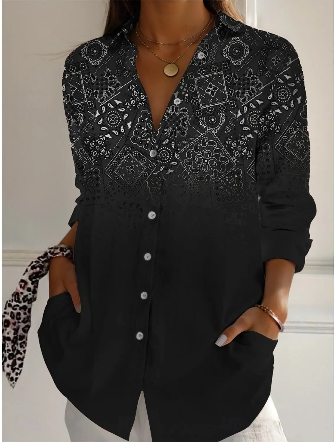 Women's Shirts Geometric Color Block Graphics Blouse Lapel Neck Blouse Women's Long Sleeve Shirts Womens Clothes Female Clothing