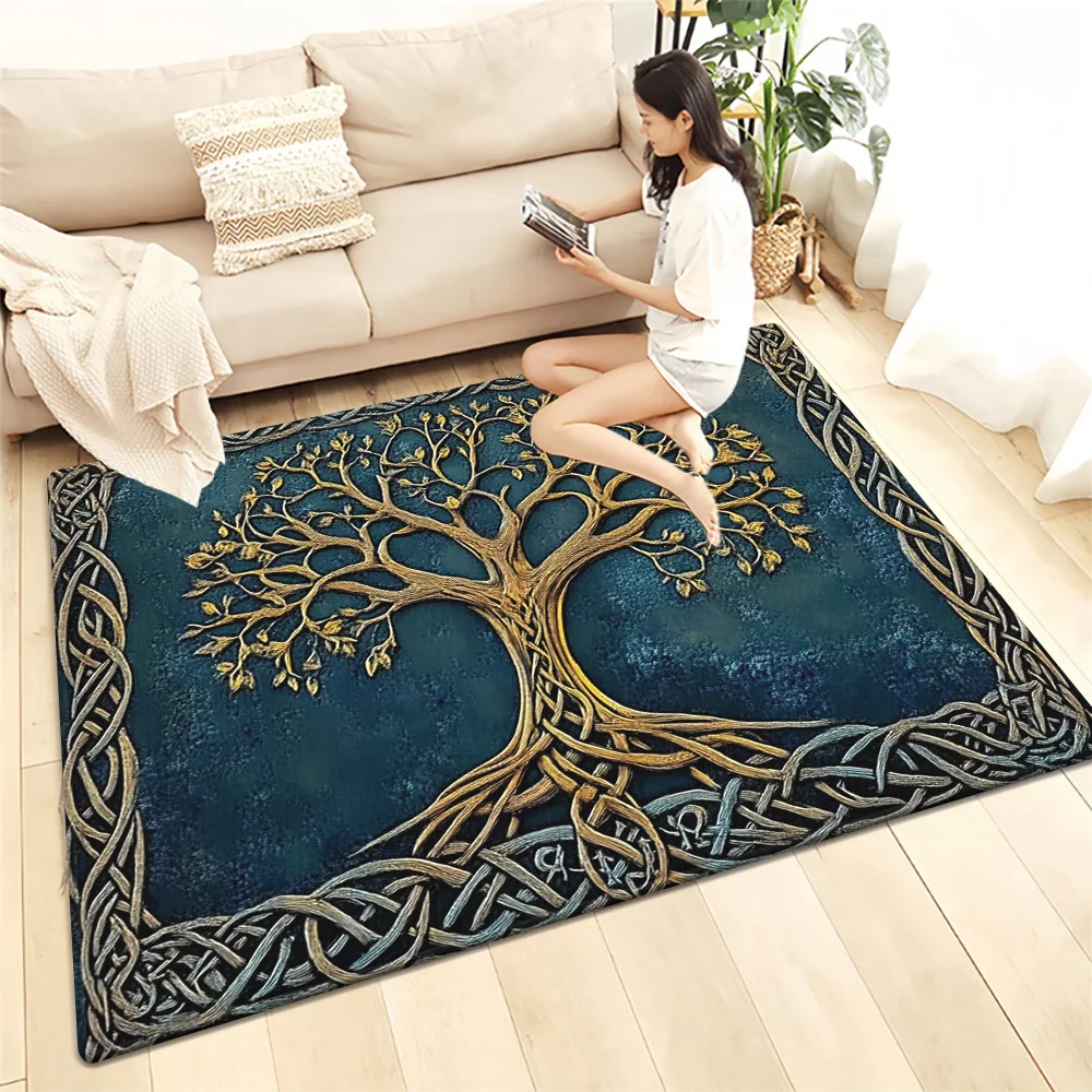 Boho Gold Tree Pattern Area Rug Living Room Decor Blue Ornate Tapestry Floor Mat Bohemian Nature Style Accent Rug