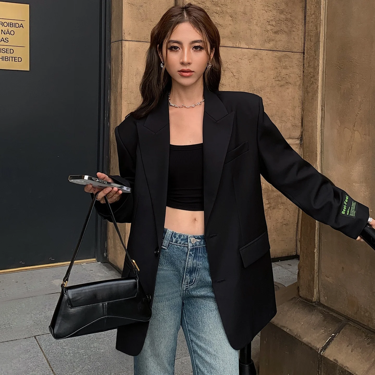 Gray Suit Jacket Women's Loose Fit Retro Style Korean Version 2023 Autumn New Arrival Commute Style Polyester Fabric