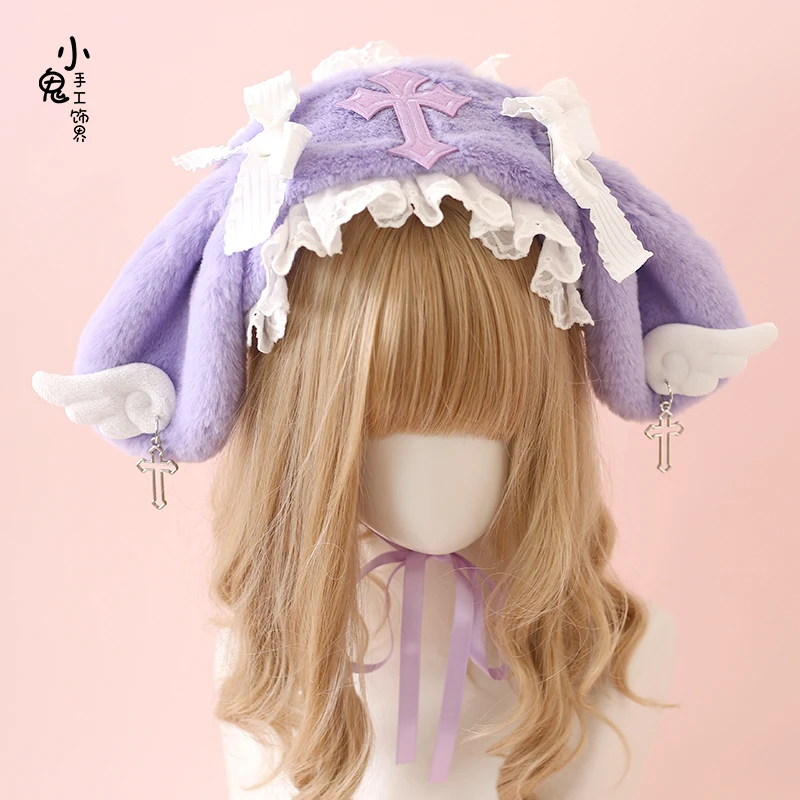 Diadema con orejas de Ángel Kawaii, lazo de encaje para la cabeza, envoltura para la cabeza, Lolita, fiesta de boda, Cosplay, tocado de sirvienta, accesorios para el cabello de Anime para mujeres y niñas