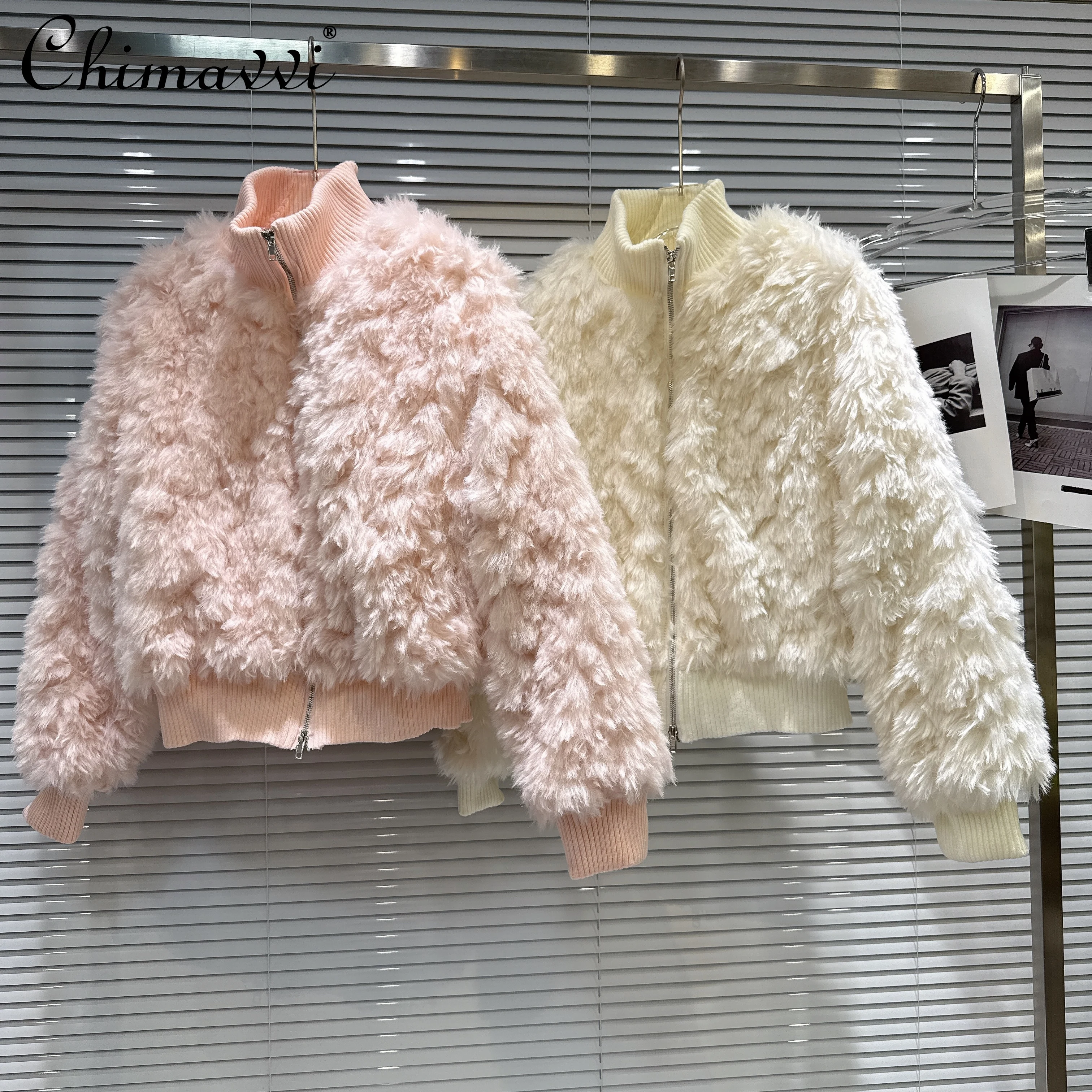 

French Elegant Fashion Socialite Faux Fur Coat Spliced Knitted Stand Collar Long Sleeve Warm Quilted Short Jacket Women Winter