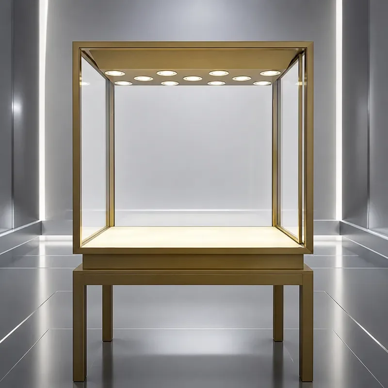 Jewelry Display Cabinet High Standing Pendant Showcase for Pearl Jade Yellow Titanium Stainless Steel Glass Storage Unit