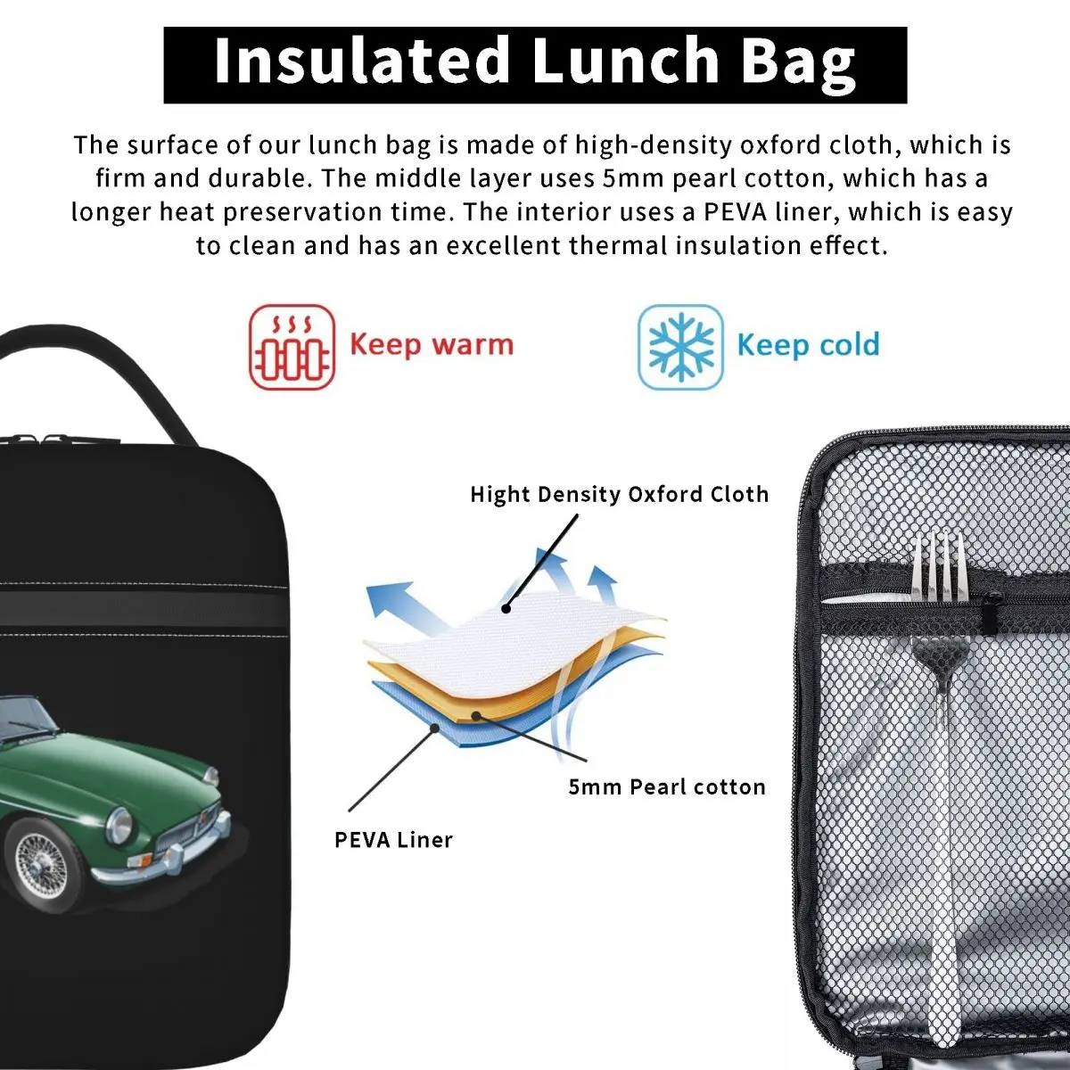 MGB Roadster In British Racing Green Insulated Lunch Bag for Women Children Leakproof Food Boxes Thermal Lunch Box Tote