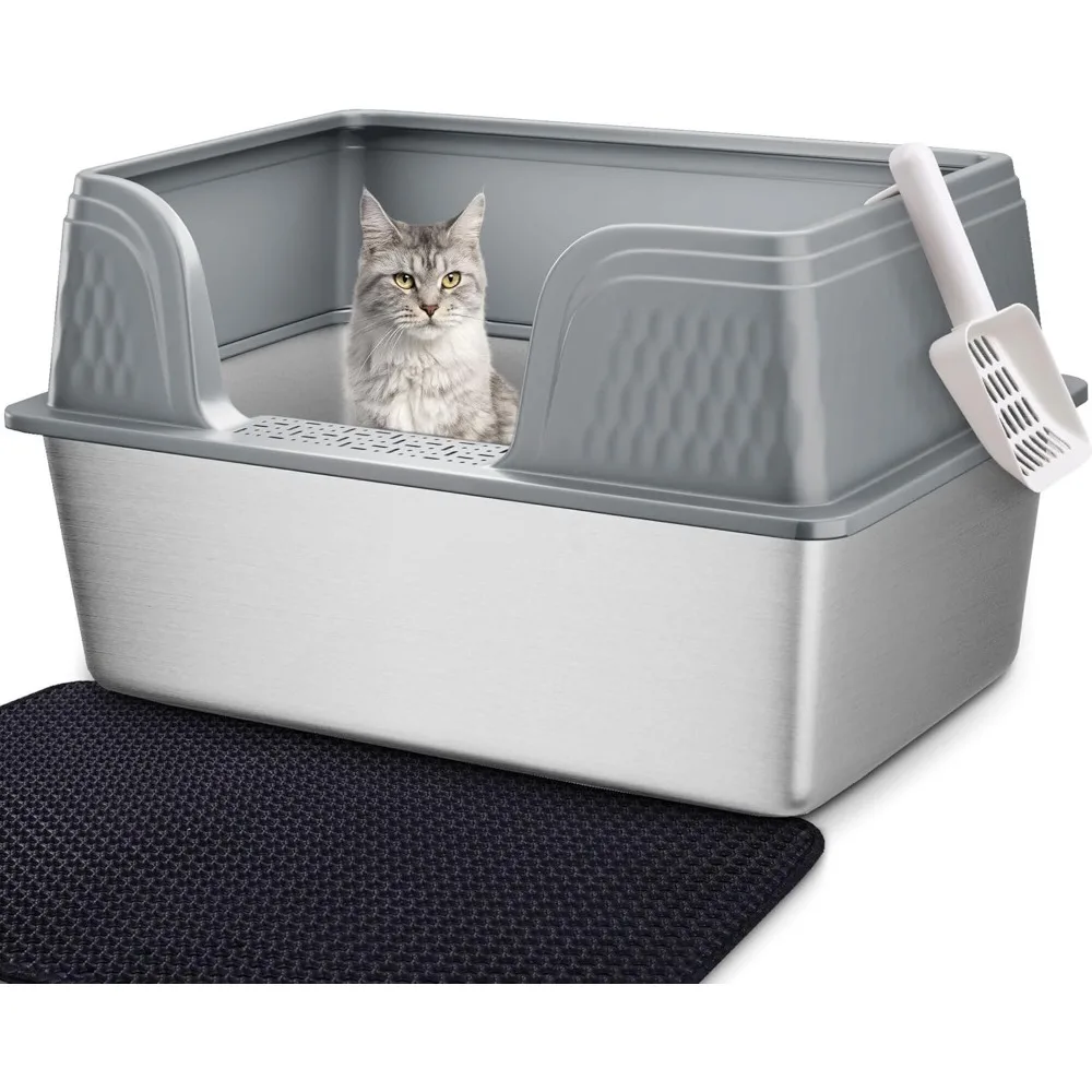 

XL Stainless Steel Cat Litter Box High Sided with Lid 23.7" L x 16" W x 12" H Anti Leakage Extra Large Metal Cat Litter Tray wi