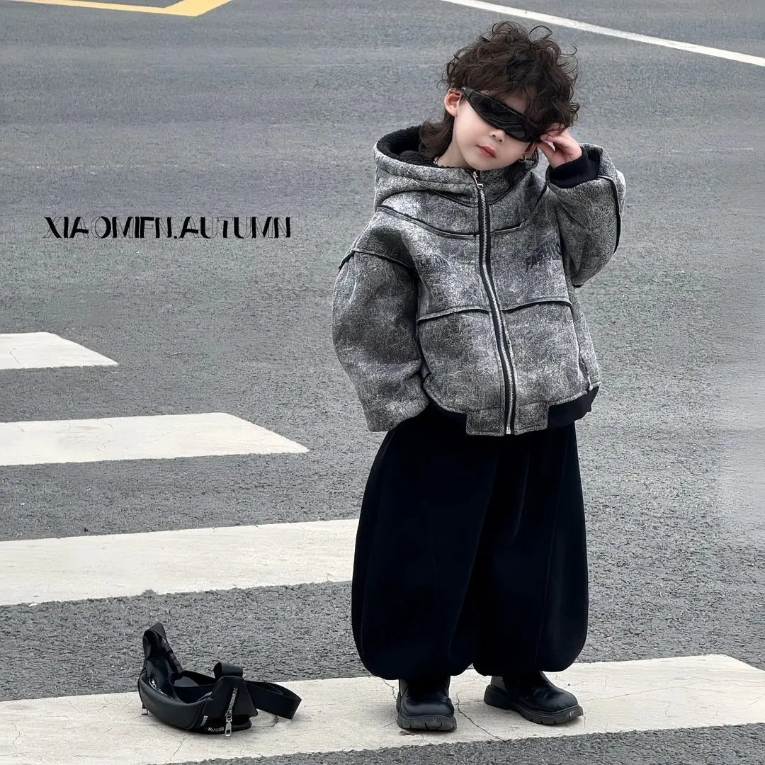 Fashion Children Winter Warm Boys Clothes Set Fashion Elegance Plus Velvet Gray Jacket Coat+Loose Pants Kids Handsome Parka Clot