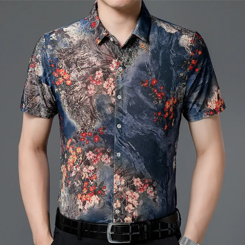 

Hawaiian Style Casual 80% Silk Shirts Men'S Short Sleeve Both Sides Chinese Nation Flower 2023 Beach Summer Clothes