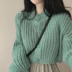 2025 Fall Winter Short Knitted Cardigan Women Thicken Warm Single-Breasted Sweater Female Solid O-Neck Long Sleeve Knitwear Coat