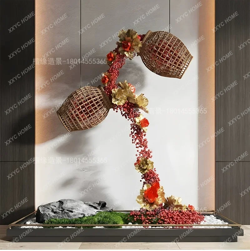 Installation bamboo woven bamboo basket art landscaping upside down suspended red bean hotel space decorative landscape