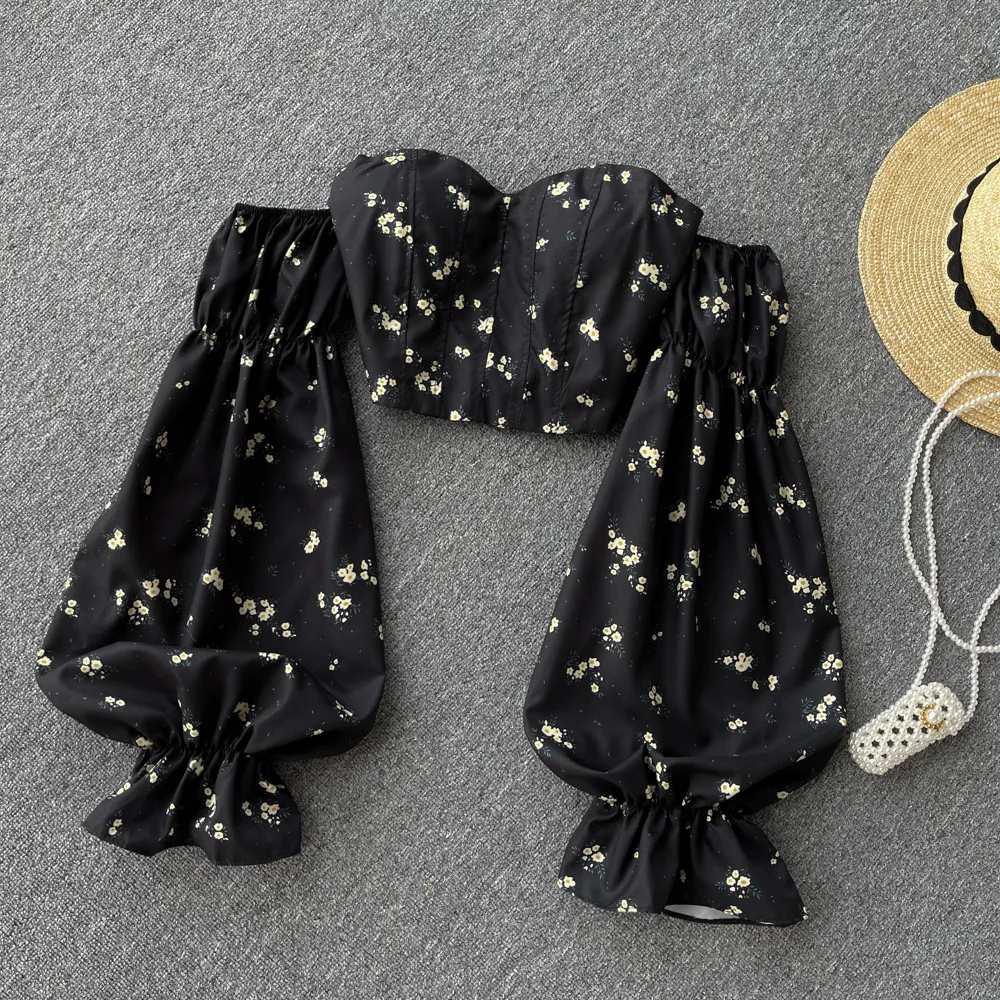 Spicy Girl One Shoulder Strapless Long Sleeved Shirt with Backless Sweet Print Short Style Temperament Top