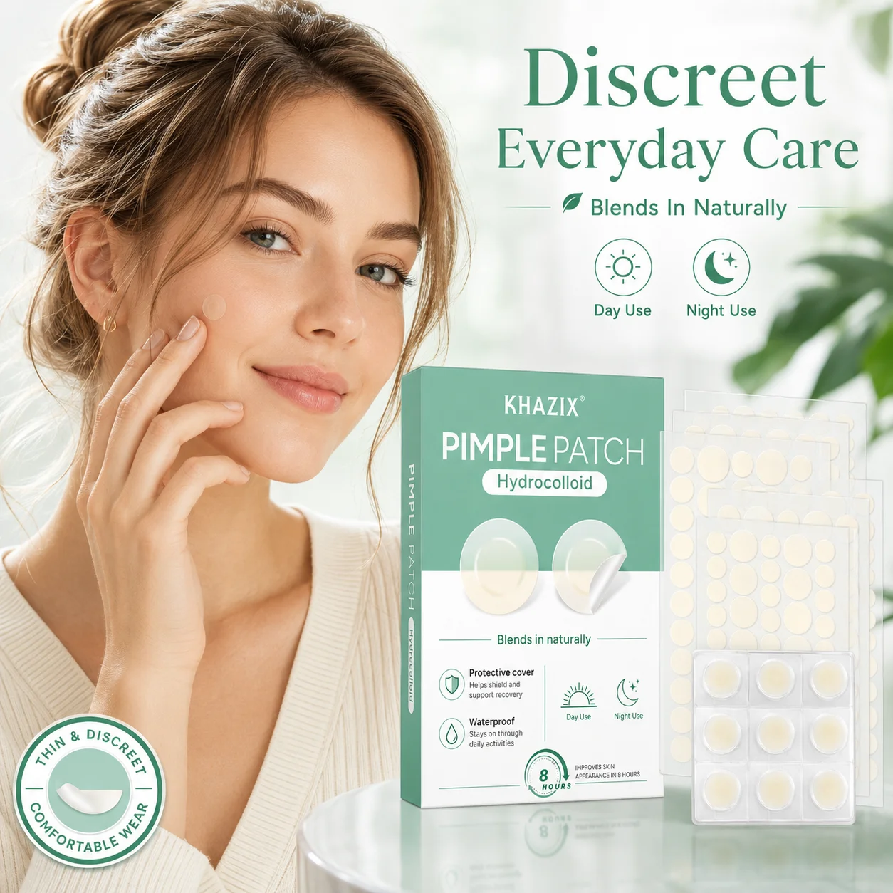 KHAZIX 48/372PCS Hydrocolloid Pimple Patches, Invisible Blemish Covers, Ultra-Thin Breathable Waterproof Face Stickers