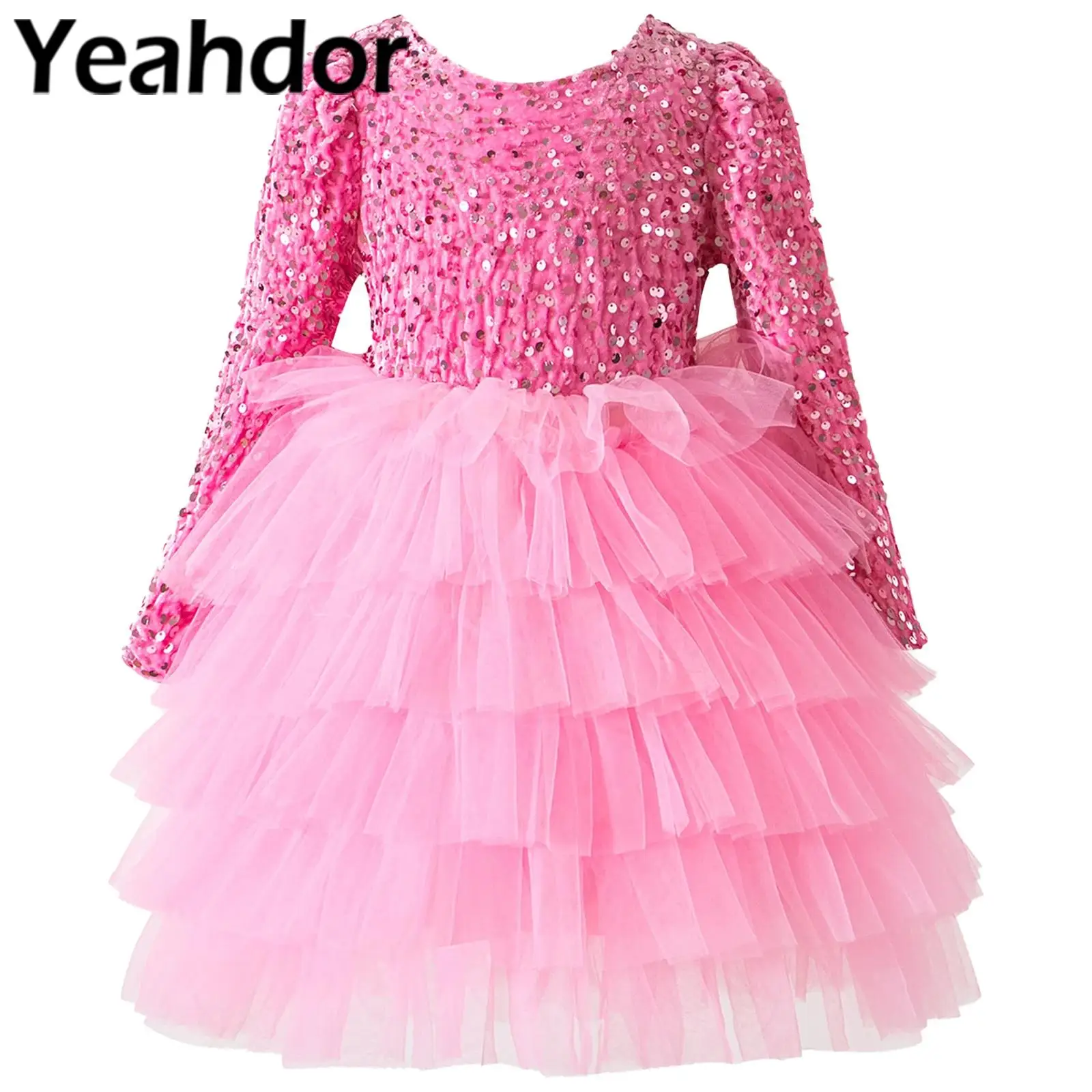 Baby Girls Cute Sweet Princess Gown Infants Long Sleeve Glittery Sequin Bowknot Tutu Dress for Birthday Party Wedding Costumes