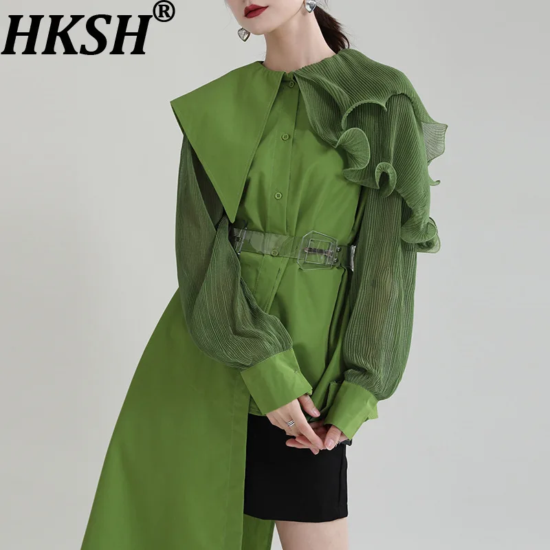 

HKSH Весна Осень Новая женская рубашка Асимметричные оборки Лоскутная блузка с длинными рукавами Однобортная блузка Элегантные трендовые топы HK15072