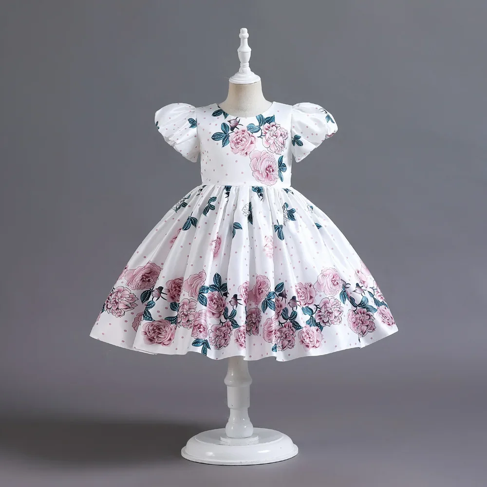 Rose Floral Cotton Kids Party Dress Elegant Princess Gown with Dots for Girls Holiday Quinceanera Suitable for 2-10 Years