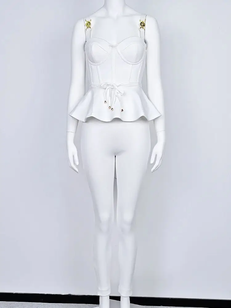 2025 Donne di Estate di Lusso Bianco Increspature Del Partito Fasciatura Set Cintura Telai Bustier Aderente In Rilievo Maglia A Vita Alta Matita Pantalone