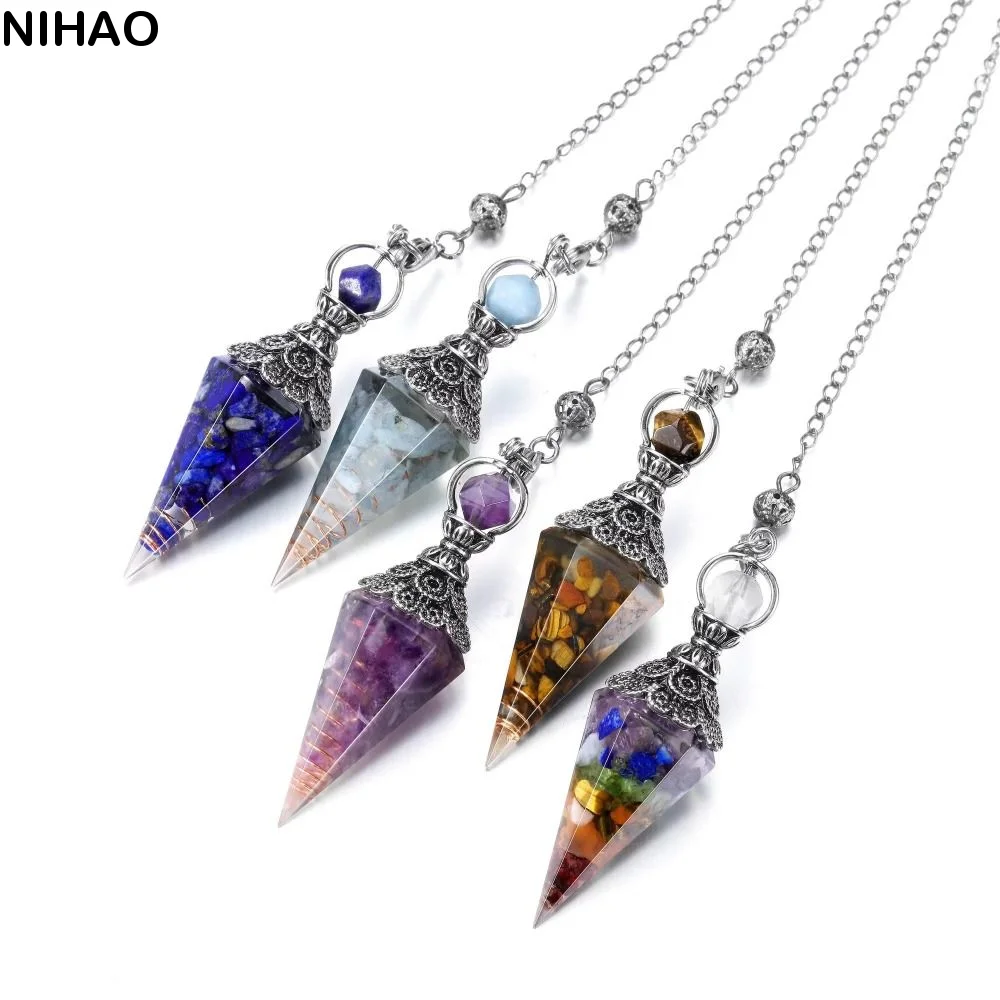 Hexagonal Cone Natural Chips Pendulums Yoga Pendant Amethysts Crystal Pendulum Dowsing Spiritual Witchcraft Pendulo Women Girls