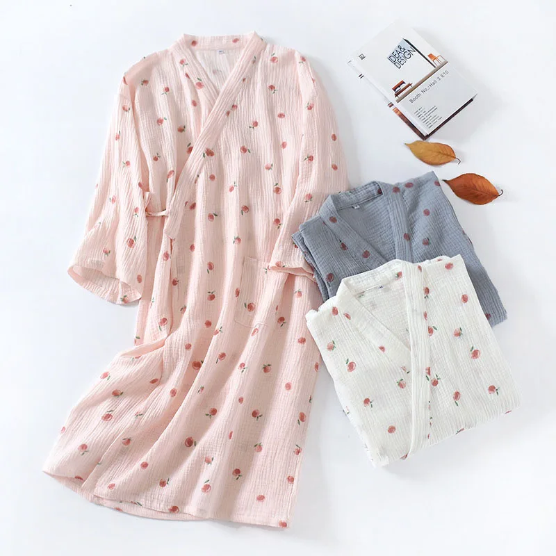 Japanese Kimono Pajama For Women Printed Cotton Crepe Female Home Nightdress Spring Summer New Cardigan Half Sleeved Nightgown