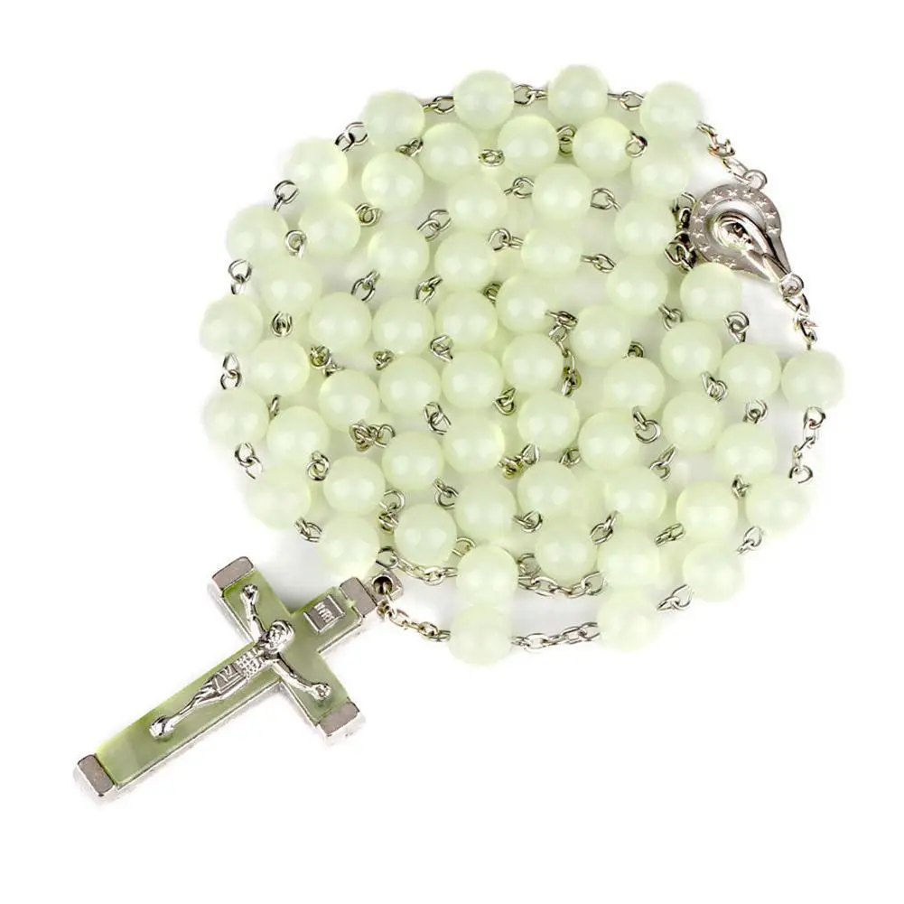 Glow In The Dark Rosary Beads Necklace Cross Pendant Necklace - Luminescent Catholic Rosary Religious Jesus Chains For Women Men