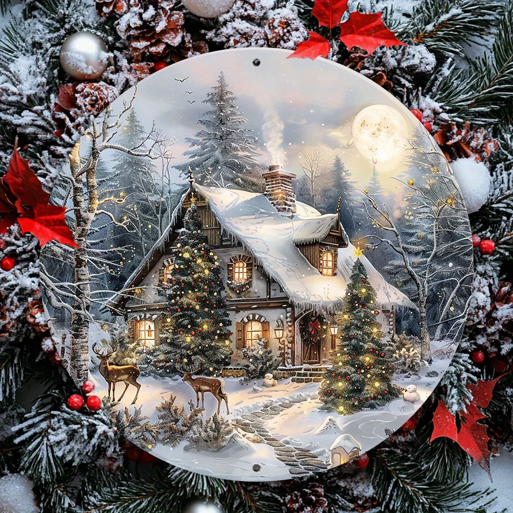 Cozy Christmas Cottage 2D Round Aluminum Wall Plaque: 8x8 Inch, HD Print, Waterproof, Pre-Drilled, 3D Effect, Festive Holiday De