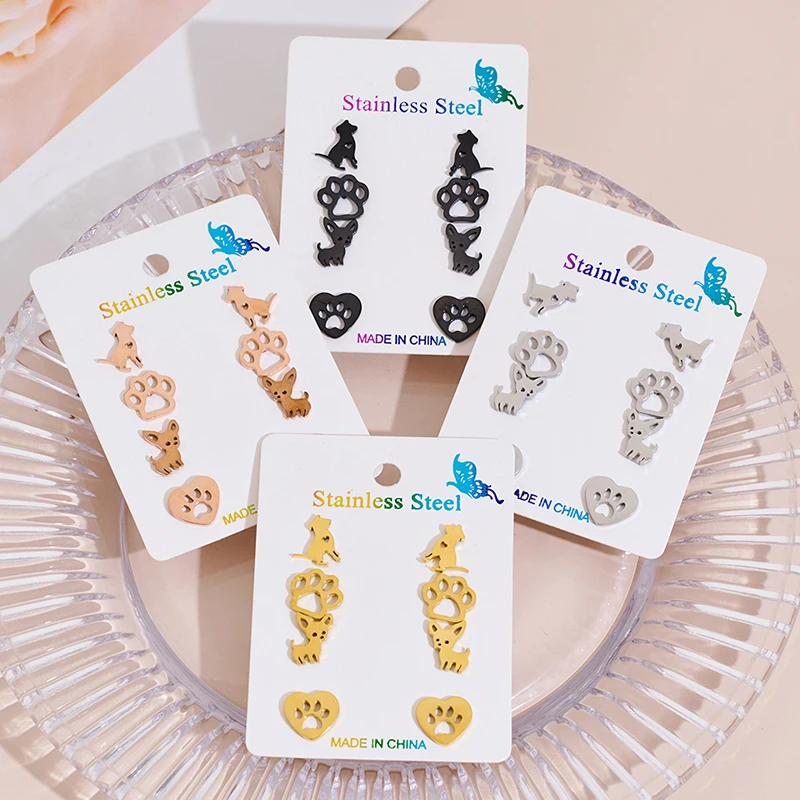 4Pairs Cute Stainless Steel Dog Paw Earring for Women Chihuahua Ear Jewelry Set Girls Student Daily Earrings Gifts Accessories