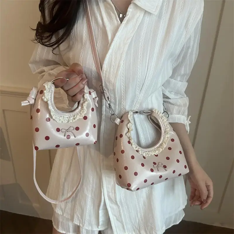 Light‑Colored Polka‑Dot PU Handbag, Lace Ruffled Handle with Cute Bow, Ideal for Daily Shopping and Dating Outings