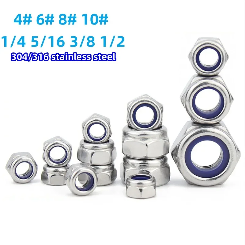 4#6#8#10#1/4 5/16 3/8 1/2 316/304 Stainless Steel Anglo-American Hex Hexagon Nylon Insert Self Lock Nut Nylock Locknut