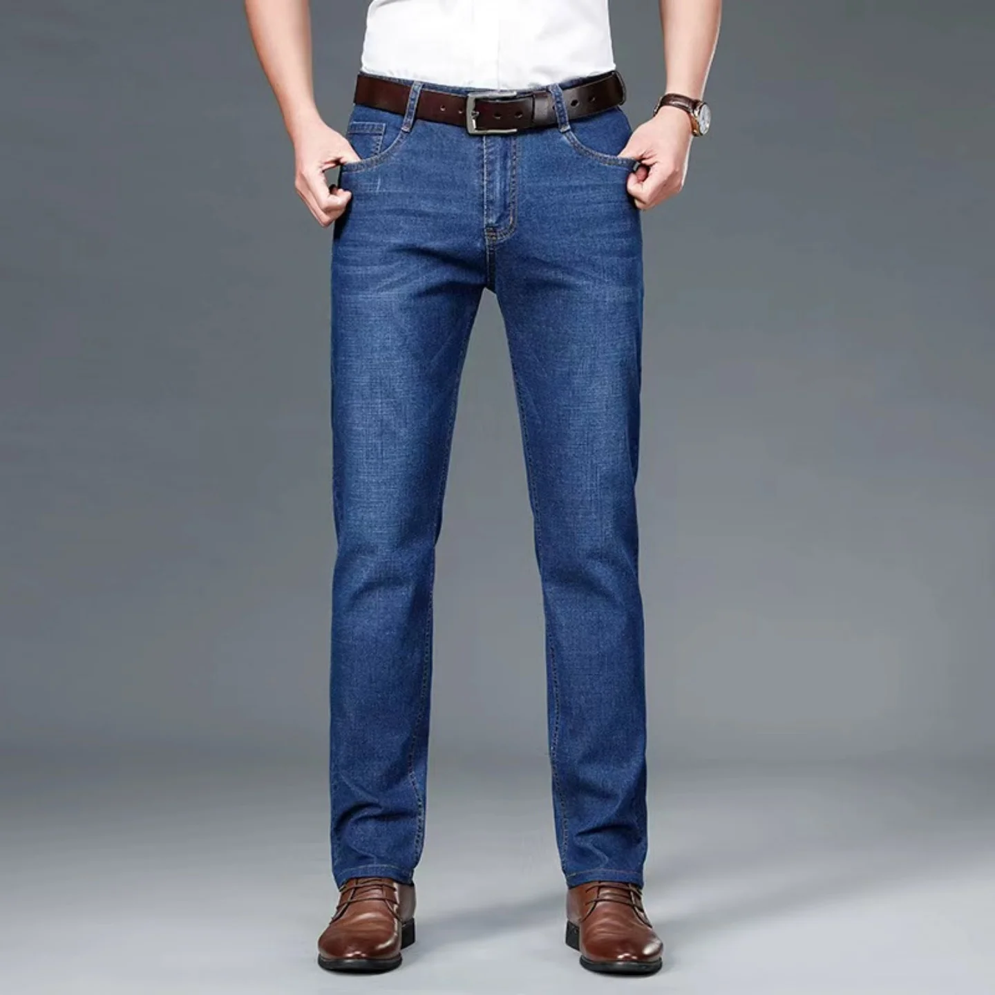 Calças Jeans Masculinas de Luxo Leve e Confortáveis 2026, Calças Casuais Versáteis de Alta Qualidade em Azul e Preto, Calças Masculinas de Perna Reta