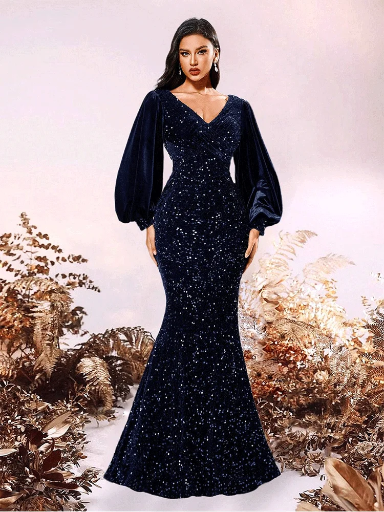 Navy Blue Velvet Shiny Sequins Long Sleeves V-Neck Banquet Bridesmaid Luxury Evening Dress Floor-Length Shiny Evening Dress