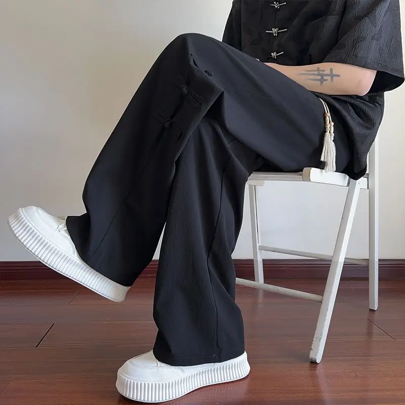 New Chinese Style Chinese Style Buckle Ice Silk Men's Summer Thin Loose Straight Wide-leg High-end Casual Men's Pants
