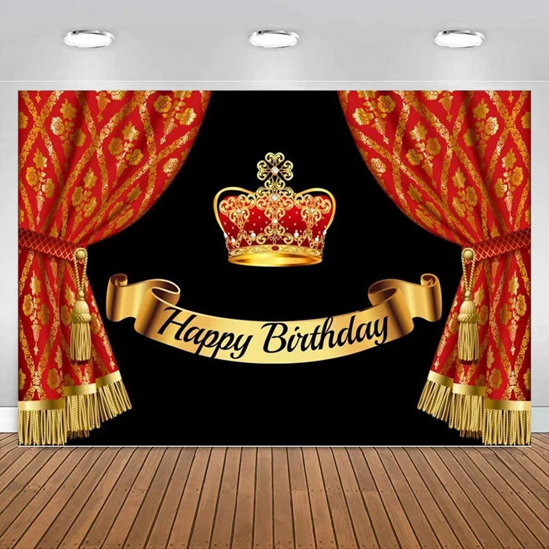 Happy Birthday Backdrop Royal Golden Crown Stage Curtain Golden Banners Photography Background Baby Shower Girls Boys Decoration