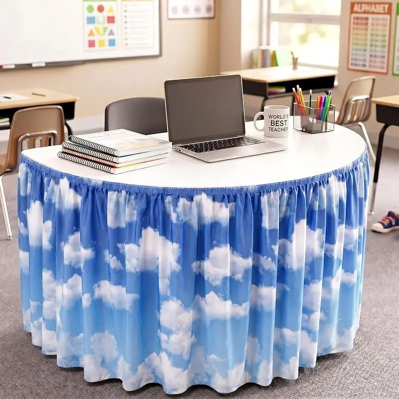 Blue sky and white clouds teacher table skirt cloth, bohemian folding blue sky and white cloud table cover skirt