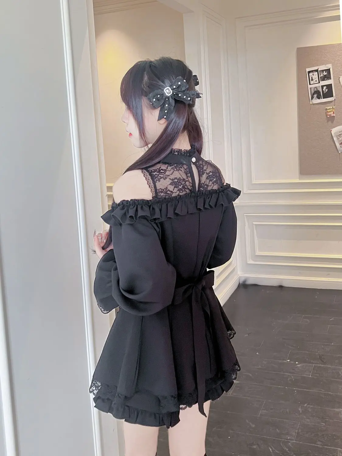 New Japanese Sexy Lace Black Long Sleeve Spring Summer Dress Girl High Waist Ruffles Off-the-shoulder Short Dresses Shorts Sets