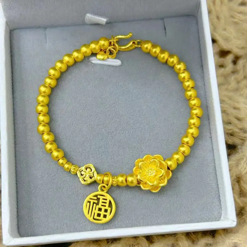 

24K Gold Women's Auspicious Lotus Bracelet | AU999 Pure Gold, 3D lotus, chiseled petals, enamel - accented, lucky & elegant