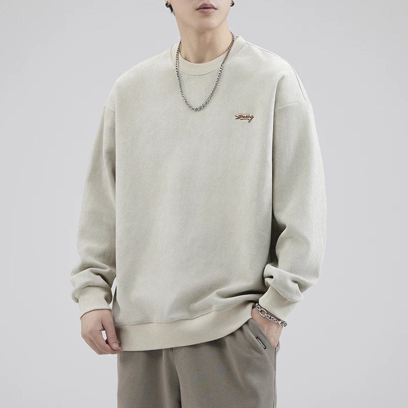 

American Sle Retro Suede Hoodie Men's Casual Loose Long Sve T-irt Trendy Spring Autumn Heavyweight round Ne Sweatirt