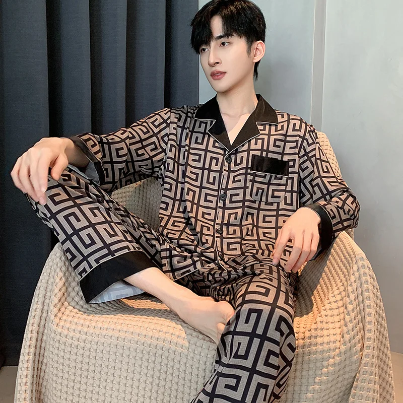 Pajamas Men Spring Summer Thin Ice Silk Luxurious Loose Fitting Home Wear Suit Male Satin Pyjamas Set Night Pajamas Set Men